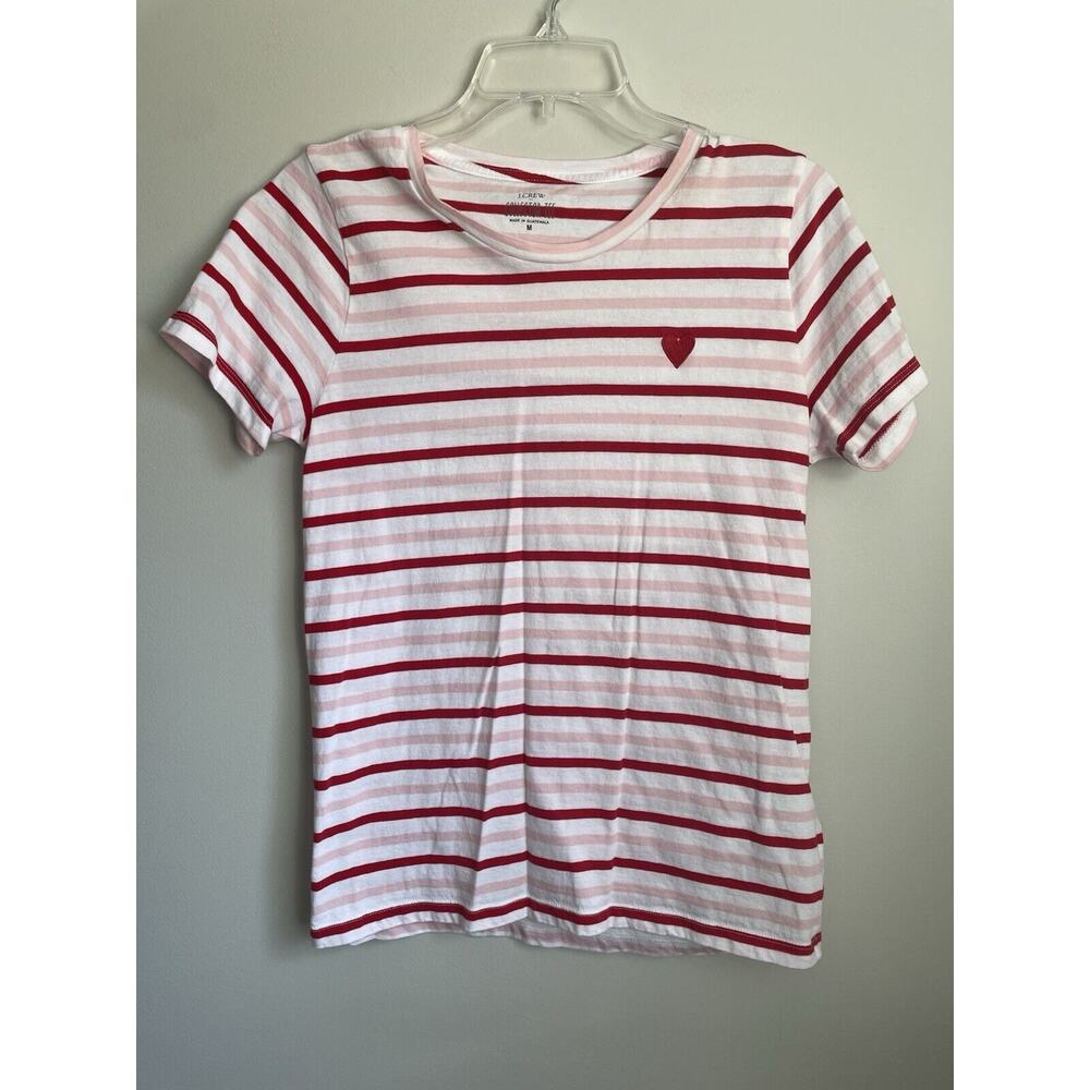 J Crew Womens Striped Heart Graphic Tshirt Short Sleeve Size M Valentines Day